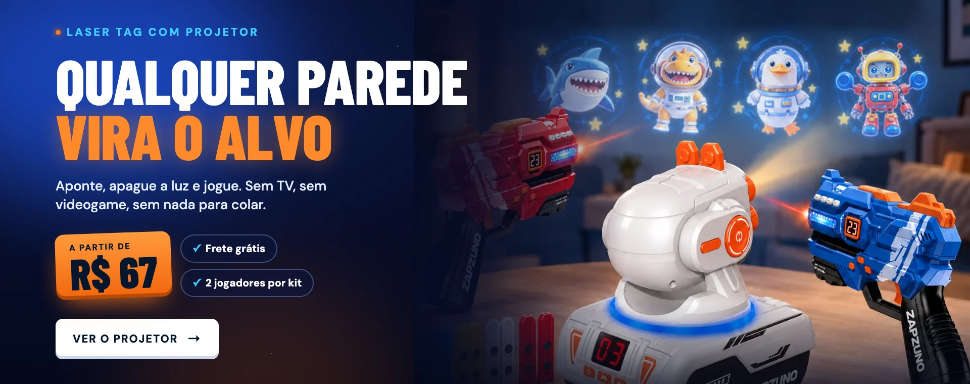 Qualquer parede vira o alvo: projetor de laser tag com 2 pistolas, a partir de R$ 67 com frete grátis
